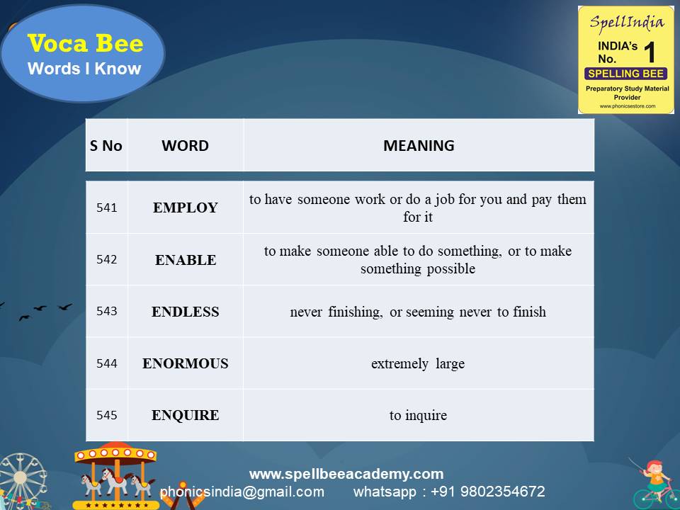spell bee exam Questions for Class 1 2 3 4 5 to