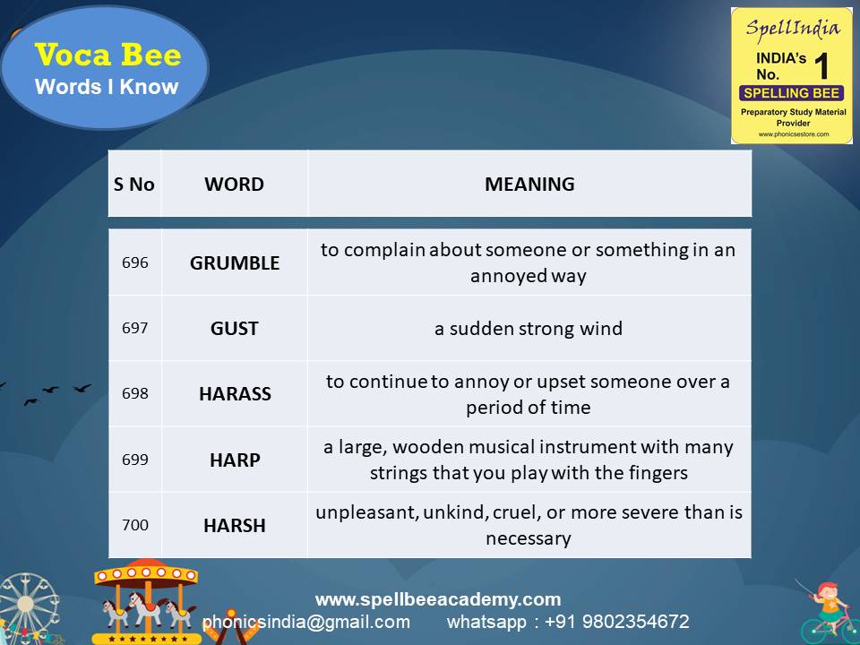spelling bee exam Questions for Class 1 2 3 4 5 to