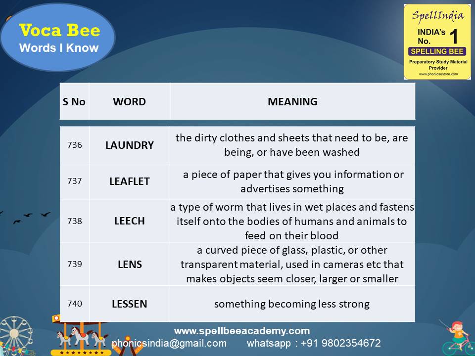 spelling bee exam Questions for Class 1 2 3 4 5 to