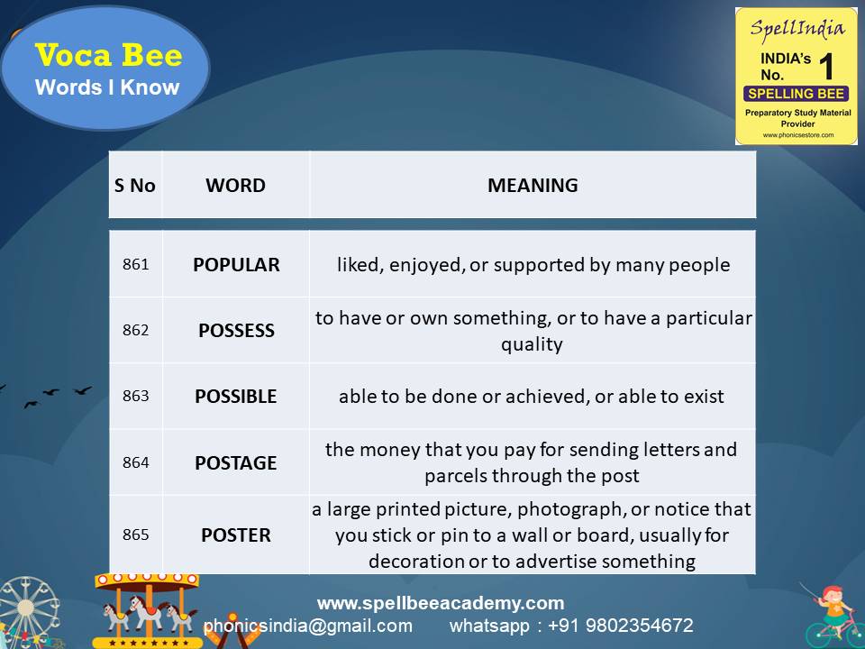 spelling bee exam Questions for Class 1 2 3 4 5 to