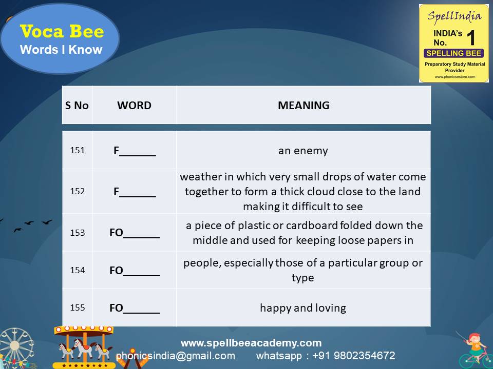 spell bee exam Questions for Class 1 2 3 4 5 to