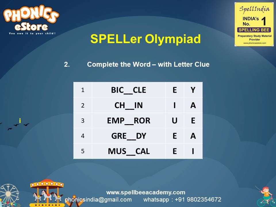 Spelling Spell Bee Olympiad Sample Questions for Class 1