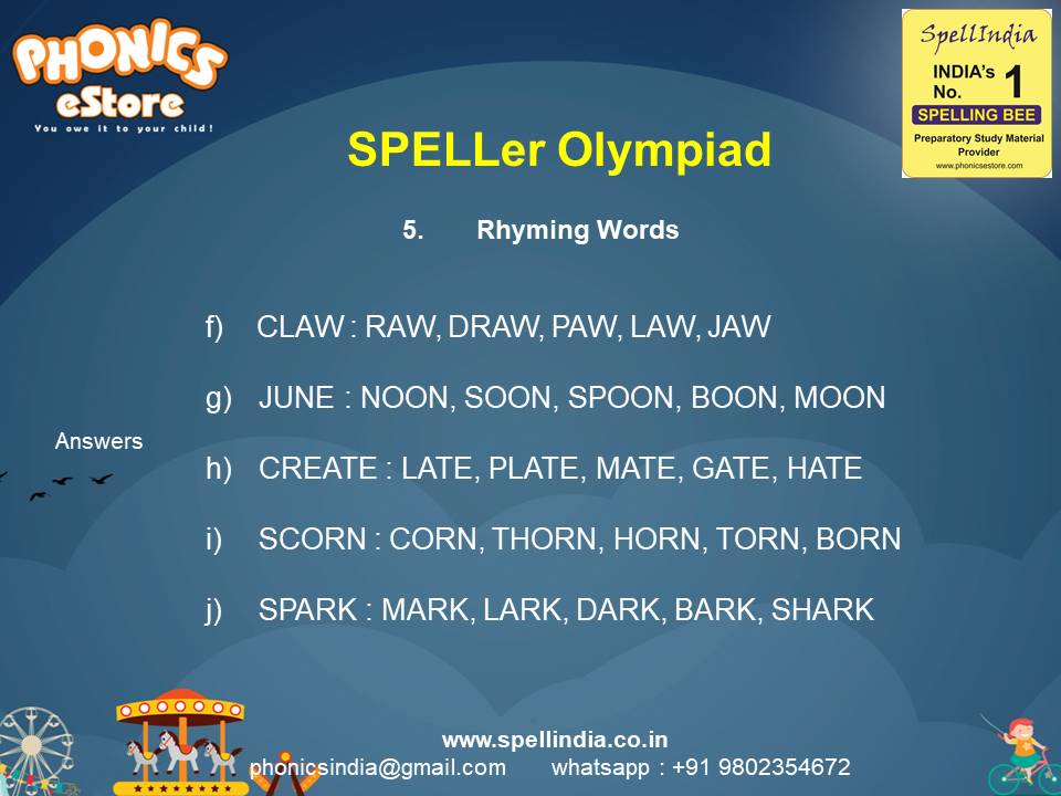 Spelling Spell Bee Olympiad Sample Questions for Class 1