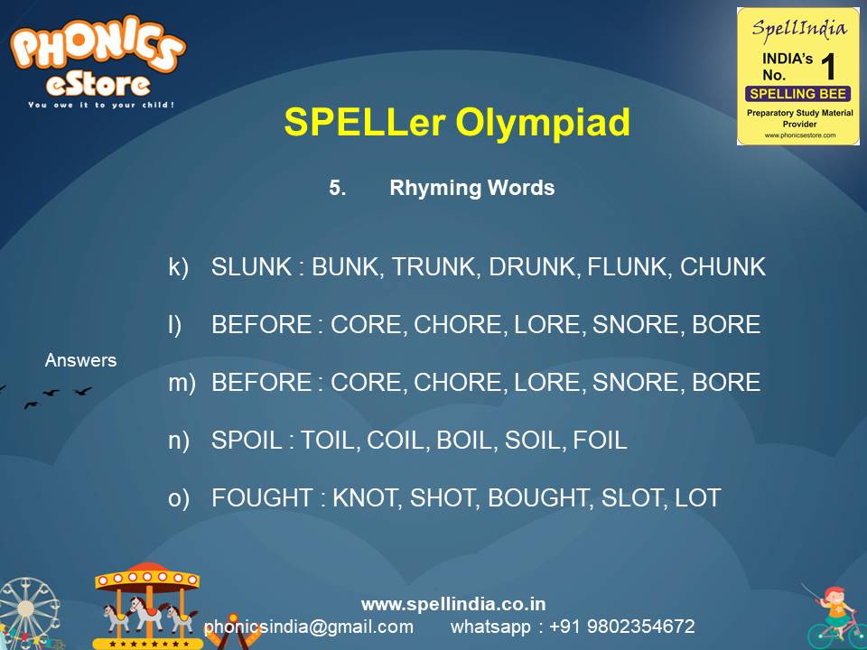 Spelling Spell Bee Olympiad Sample Questions for Class 1