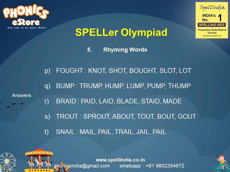 Spelling Spell Bee Olympiad Sample Questions for Class 1