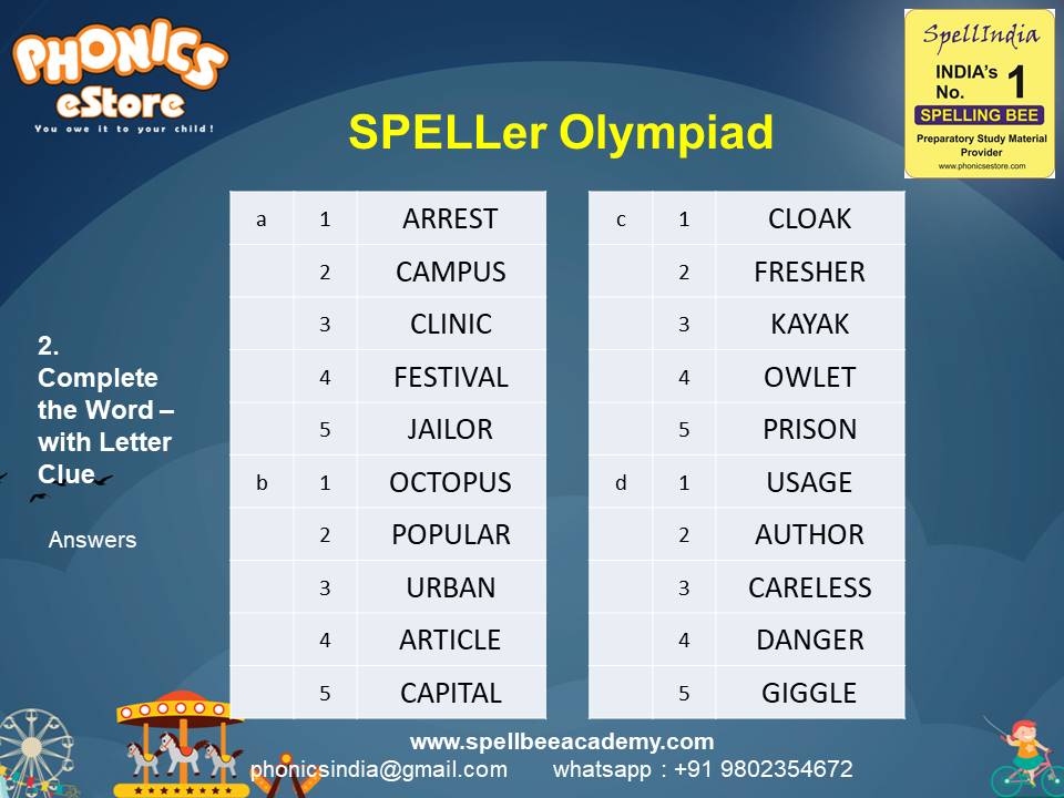 Spelling Spell Bee Olympiad Sample Questions for Class 1