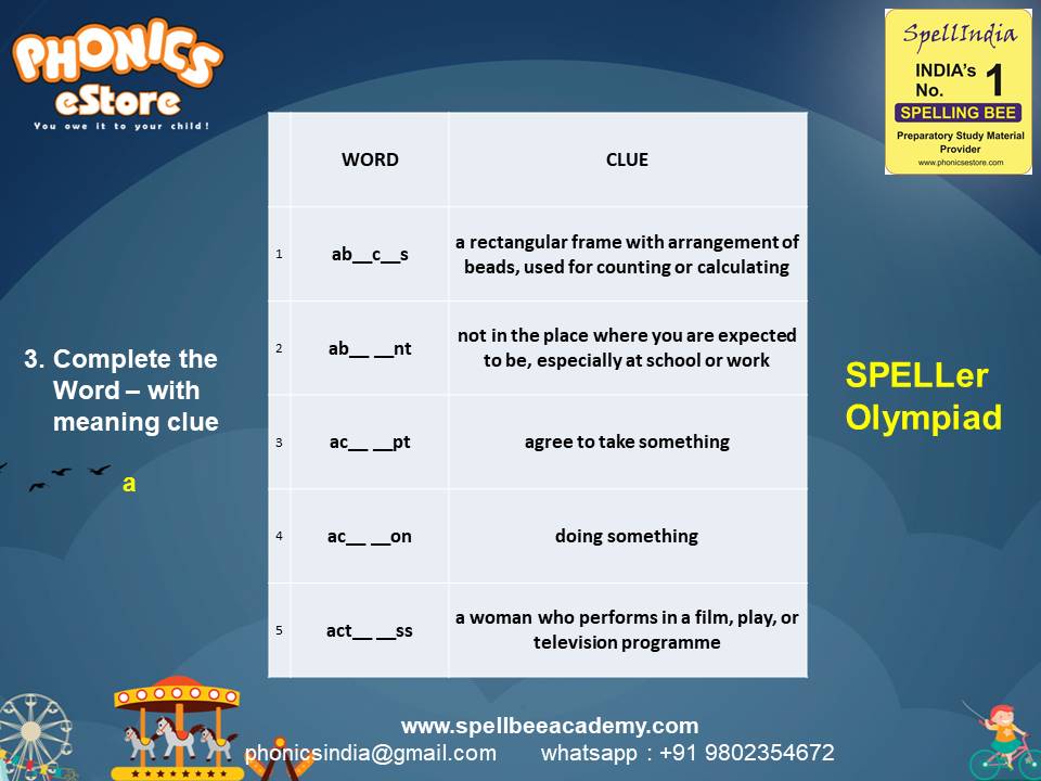 Spelling Spell Bee Olympiad Sample Questions for Class 2