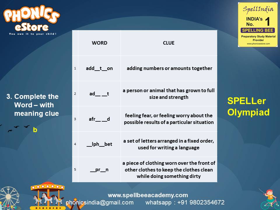 Spelling Spell Bee Olympiad Sample Questions for Class 2