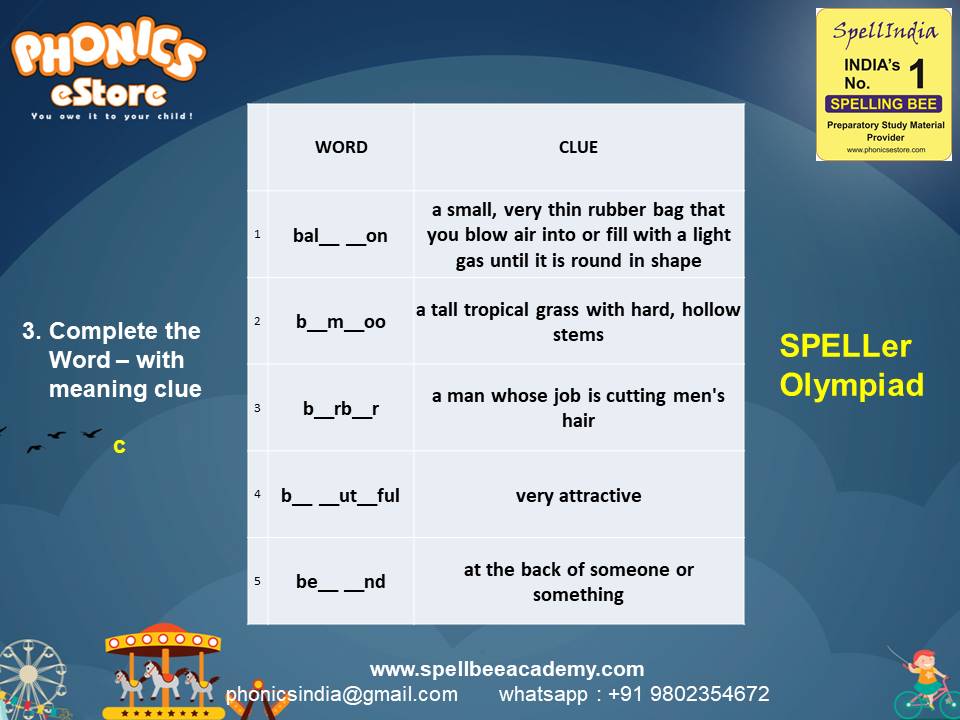 Spelling Spell Bee Olympiad Sample Questions for Class 2