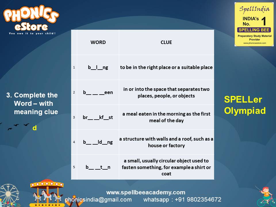 Spelling Spell Bee Olympiad Sample Questions for Class 2