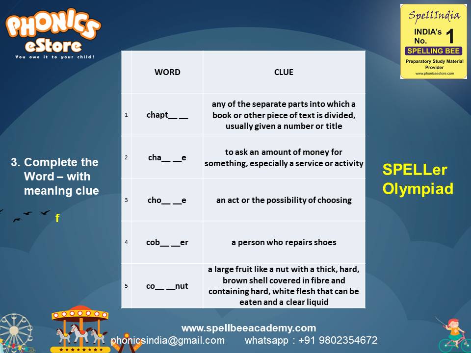 Spelling Spell Bee Olympiad Sample Questions for Class 2