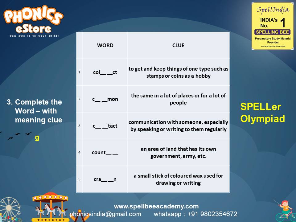 Spelling Spell Bee Olympiad Sample Questions for Class 2