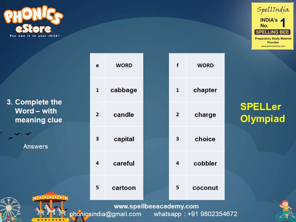 Spelling Spell Bee Olympiad Sample Questions for Class 2