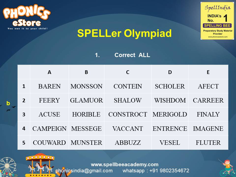 Spelling Spell Bee Olympiad Sample Questions for Class 1