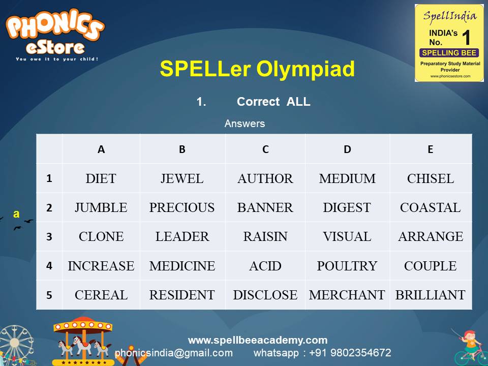 Spelling Spell Bee Olympiad Sample Questions for Class 1