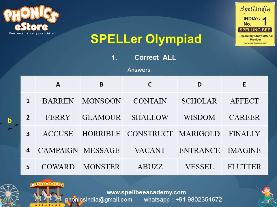 Spelling Spell Bee Olympiad Sample Questions for Class 1