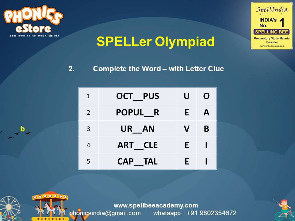 Spelling Spell Bee Olympiad Sample Questions for Class 1