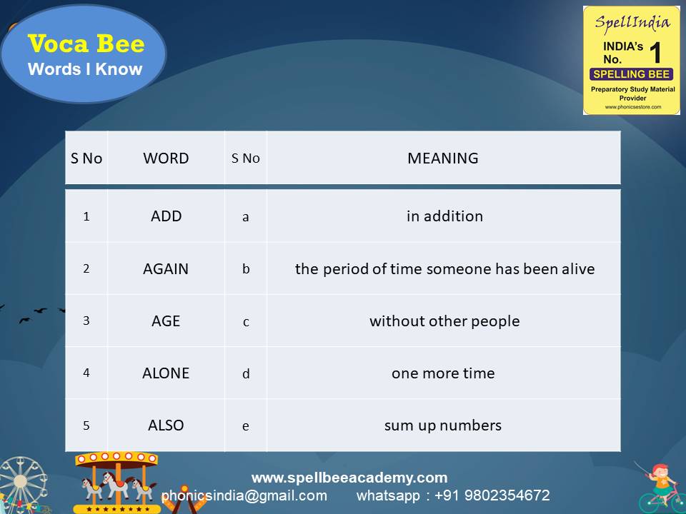 Spelling Spell Bee Olympiad Sample Questions for Class 1