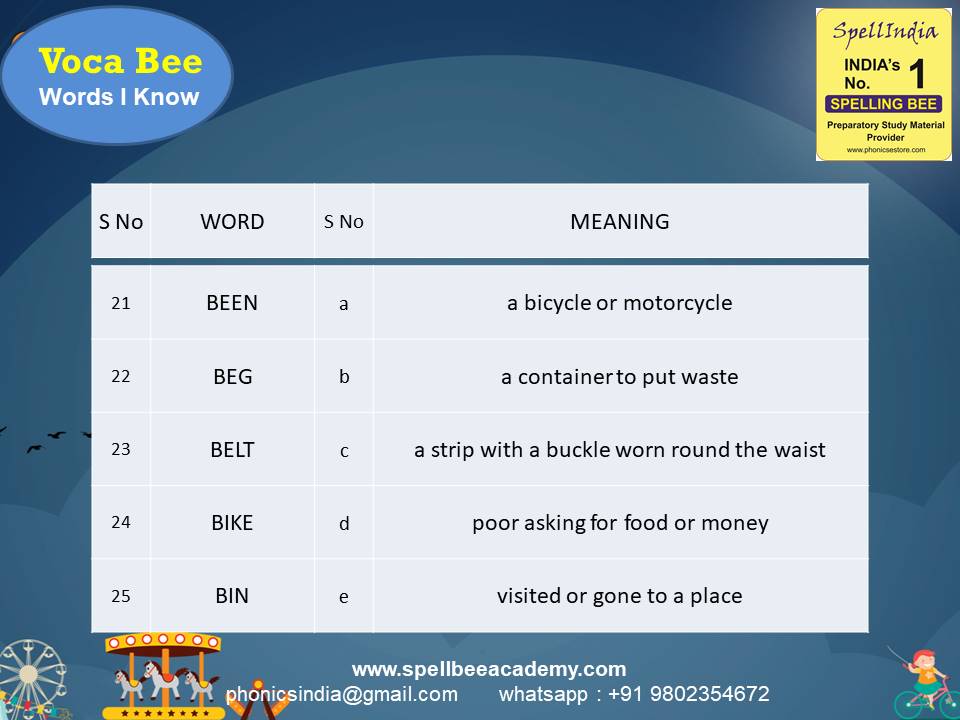 Spelling Spell Bee Olympiad Sample Questions for Class 1