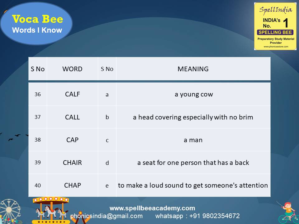 Spelling Spell Bee Olympiad Sample Questions for Class 1