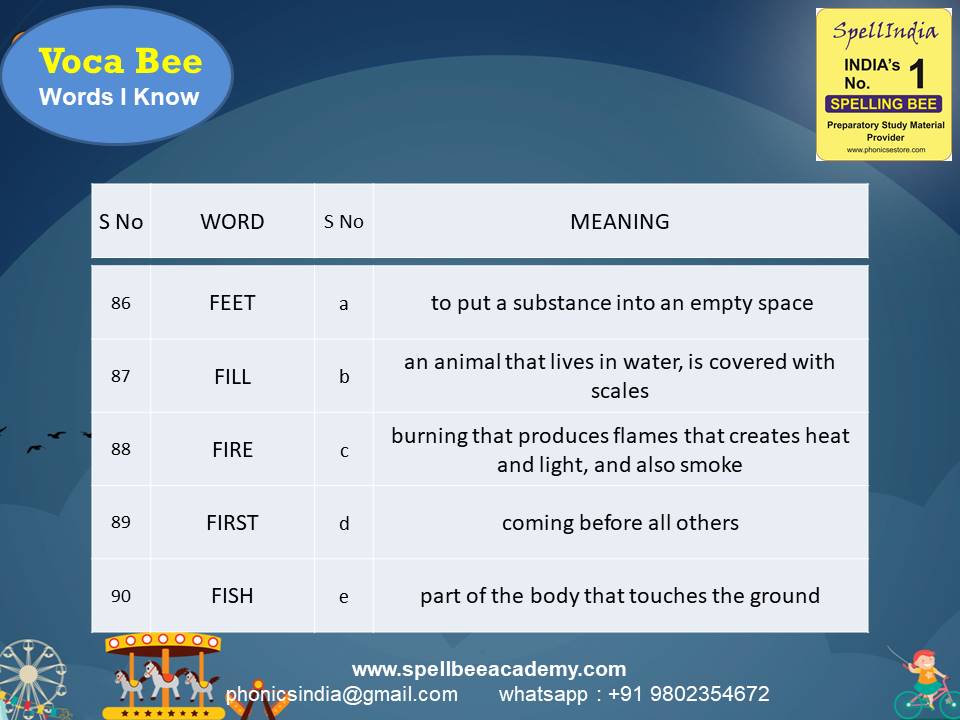 Spelling Spell Bee Olympiad Sample Questions for Class 1