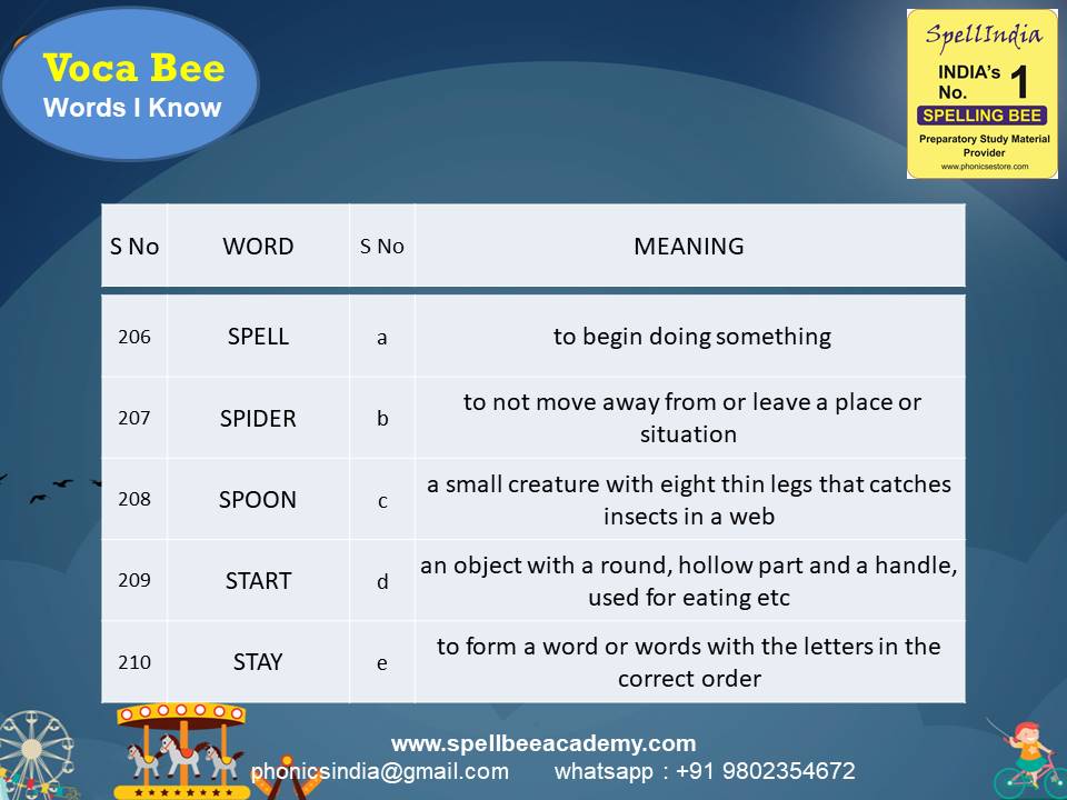 Spelling Spell Bee Olympiad Sample Questions for Class 1