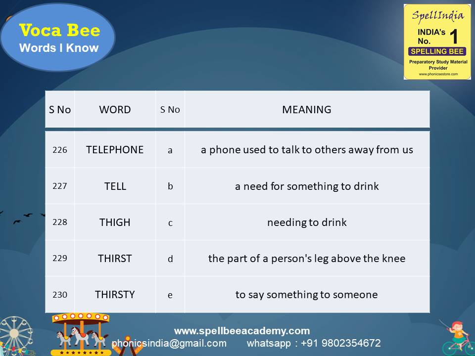 Spelling Spell Bee Olympiad Sample Questions for Class 1