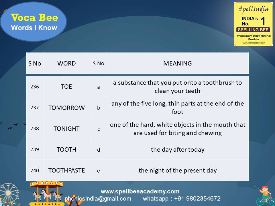 Spelling Spell Bee Olympiad Sample Questions for Class 1