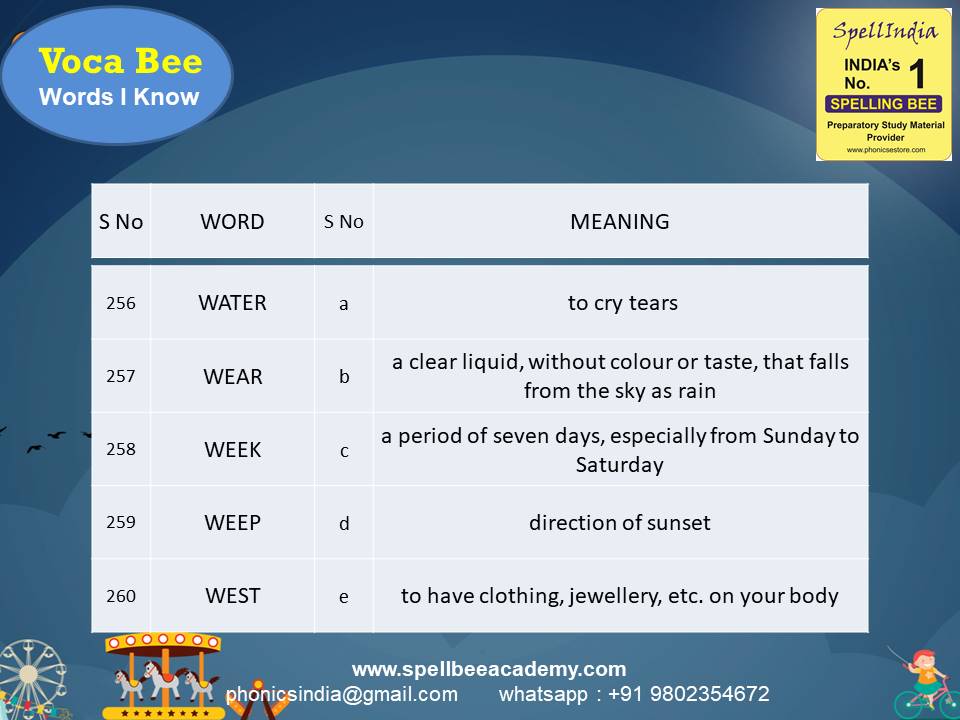 Spelling Spell Bee Olympiad Sample Questions for Class 1