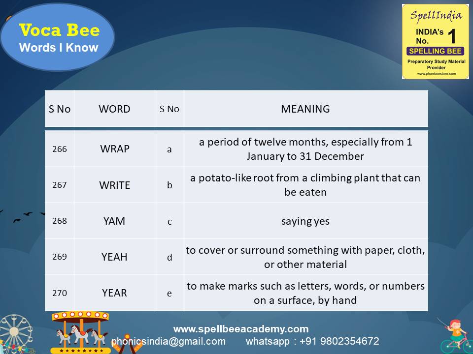Spelling Spell Bee Olympiad Sample Questions for Class 1