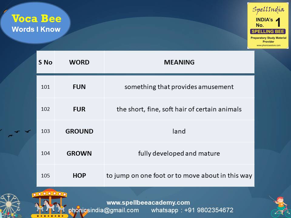 Spelling Spell Bee Olympiad Sample Questions for Class 1